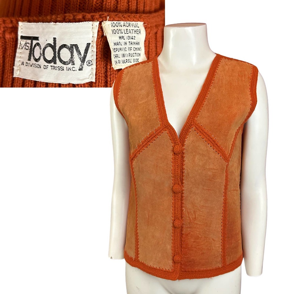 1970s Rust Orange Suede Patchwork Ribbed Knit Swe… - image 1